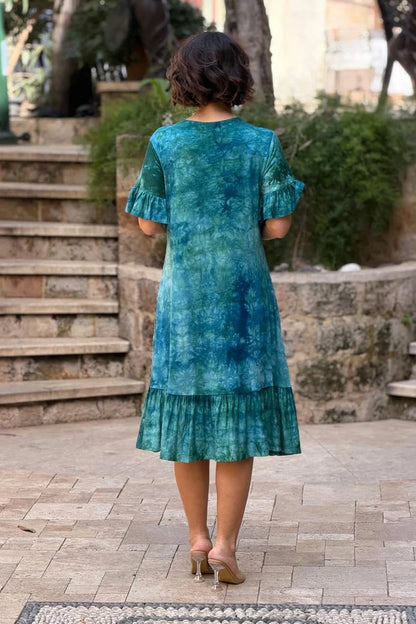 Green Plus Size Cotton Batik Dress with Ruffled Skirt - Denoss