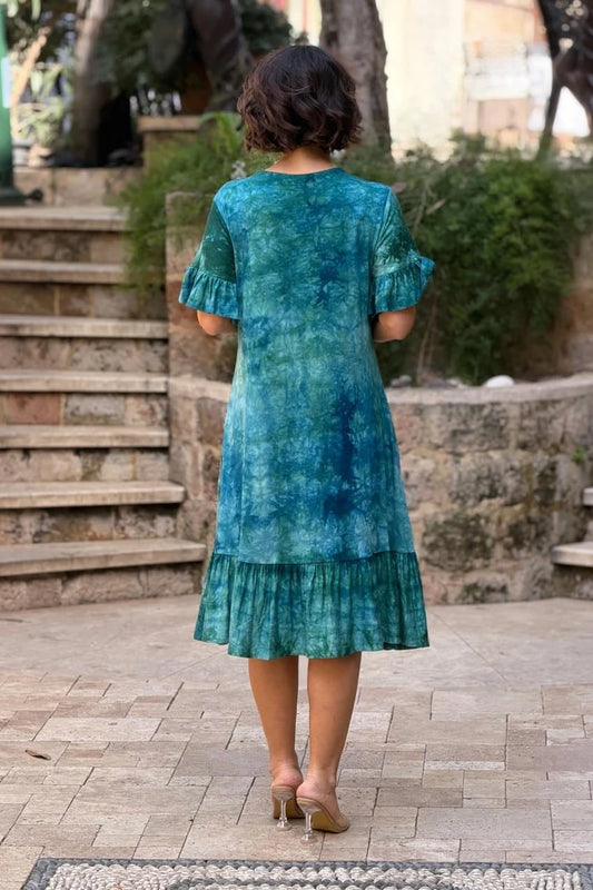 Green Plus Size Cotton Batik Dress with Ruffled Skirt - Denoss