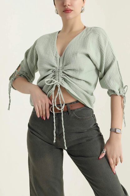 Green Muslin Linen Women's Blouse - Denoss