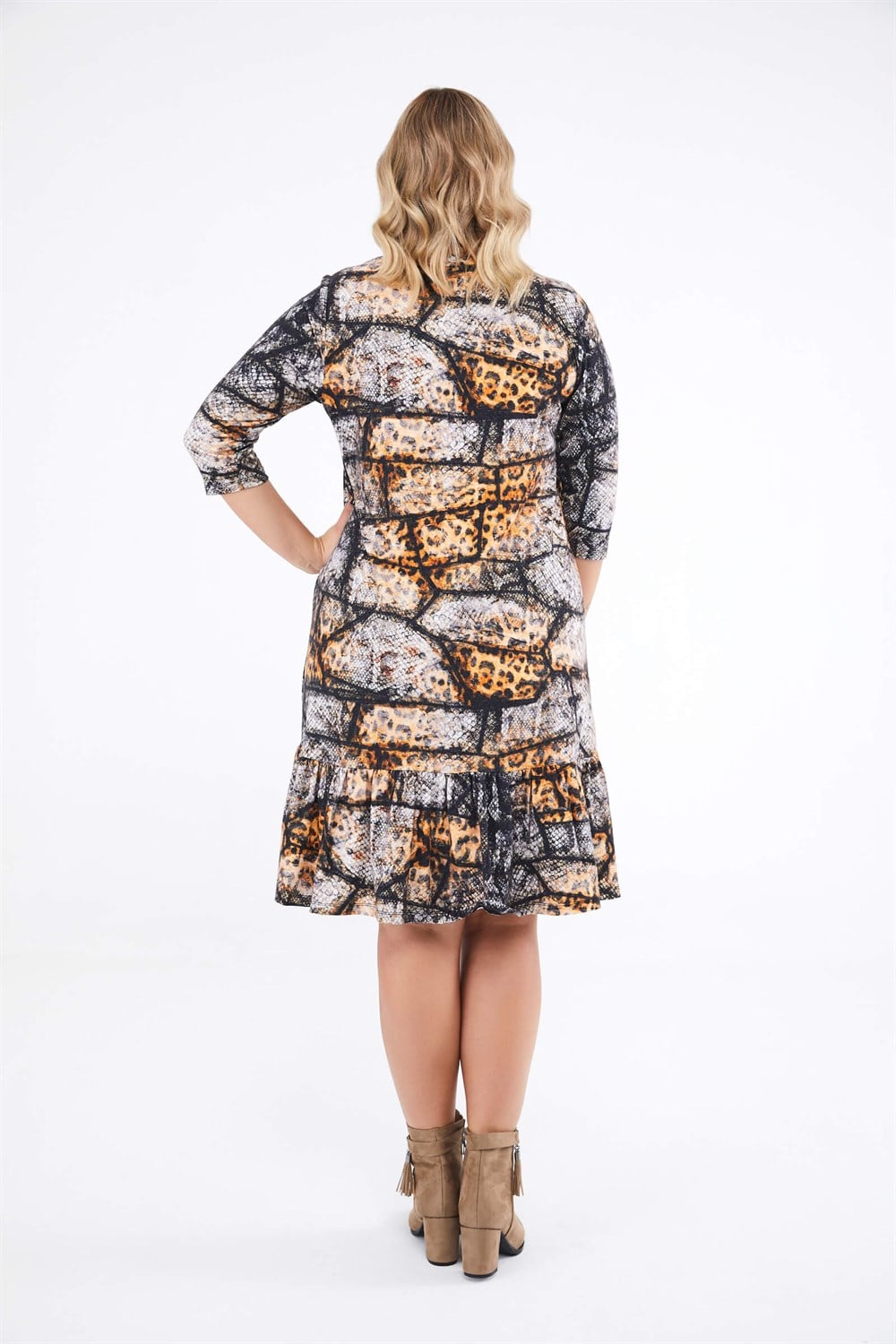 Beige Snake-Leopard Print Ruffled Skirt 3/4 Sleeve Dress - Denoss
