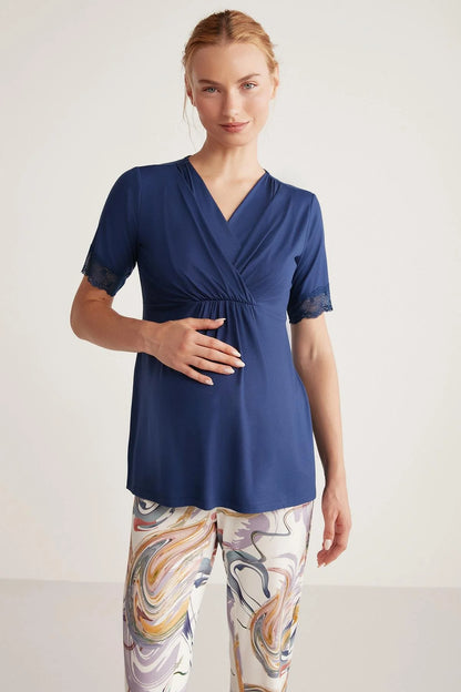 Navy Blue Soft textured maternity pajama set - Denoss