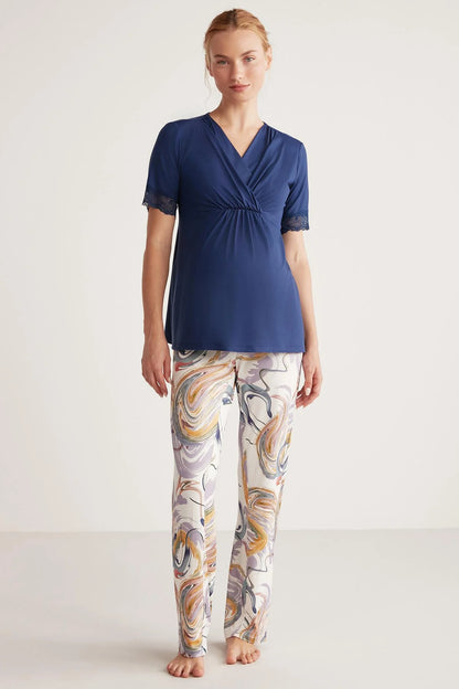 Navy Blue Soft textured maternity pajama set - Denoss